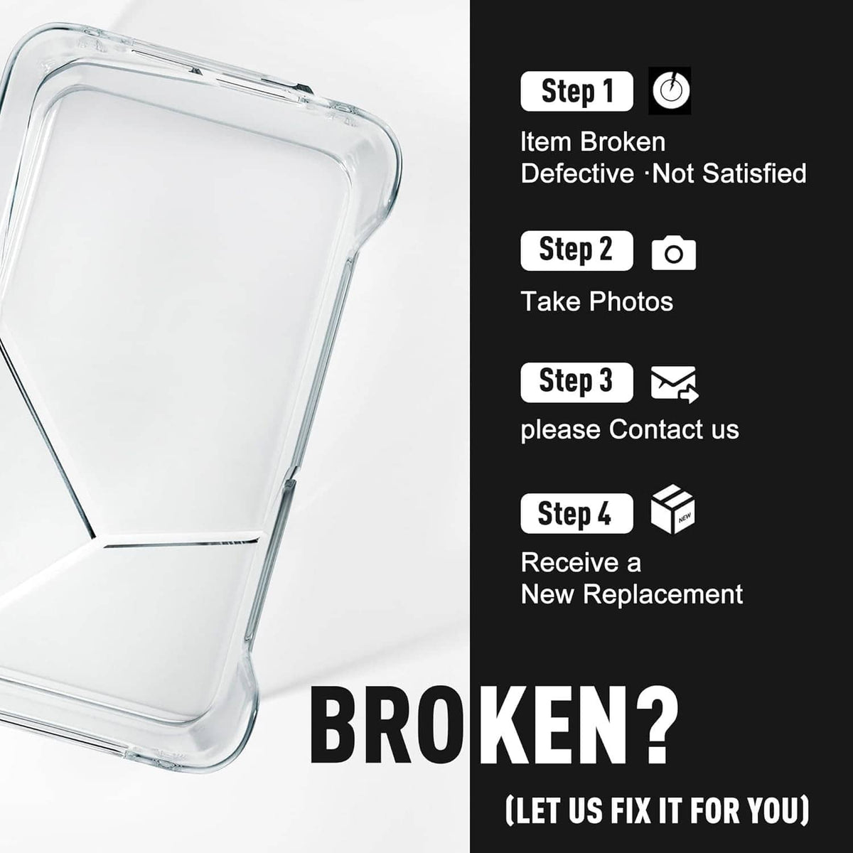 Clear storage bin lid corner damage with replacement instructions