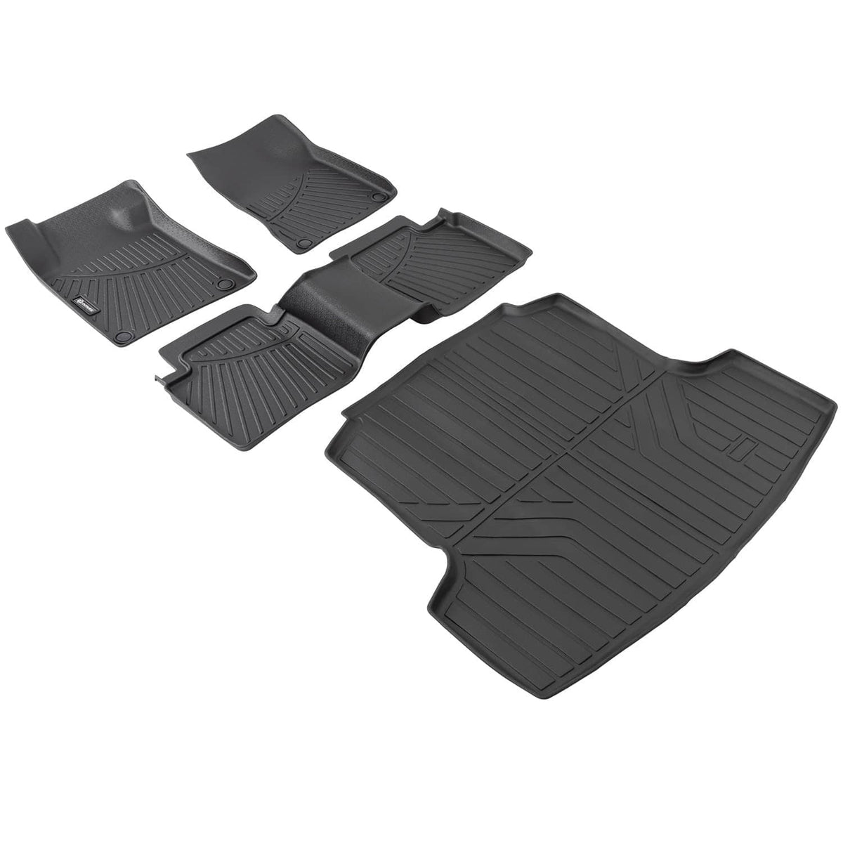Black rubber floor mats set with ribbed tread and raised channels, five-piece set