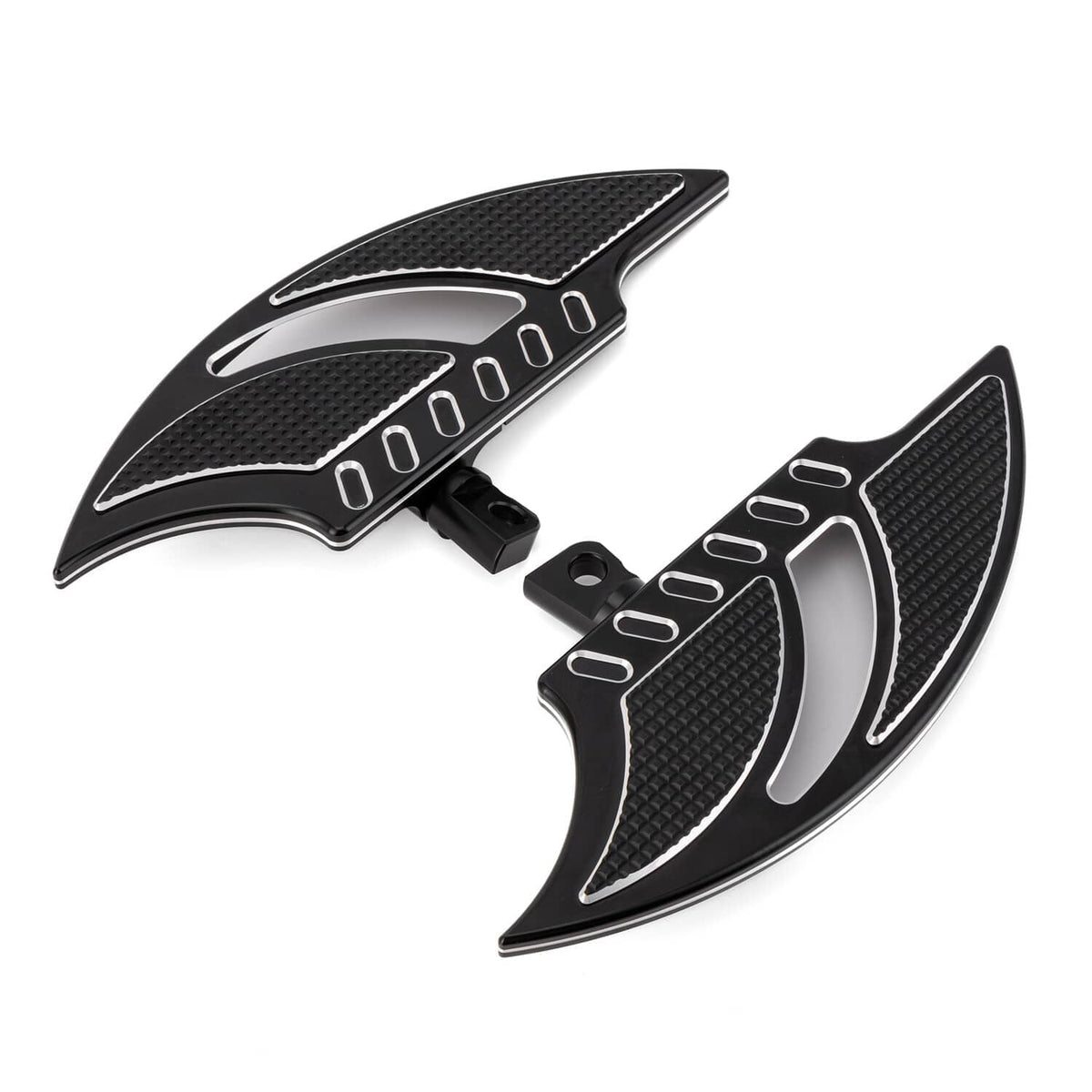 Rear floorboard pegs set with textured black pads and silver accent inlays