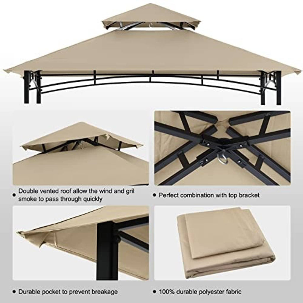 Beige double-tier grill gazebo canopy roof with black support frame, close-up details
