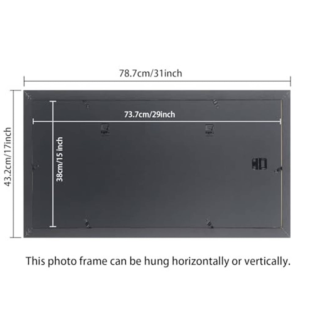Black frame back panel with mounting points for horizontal or vertical hanging