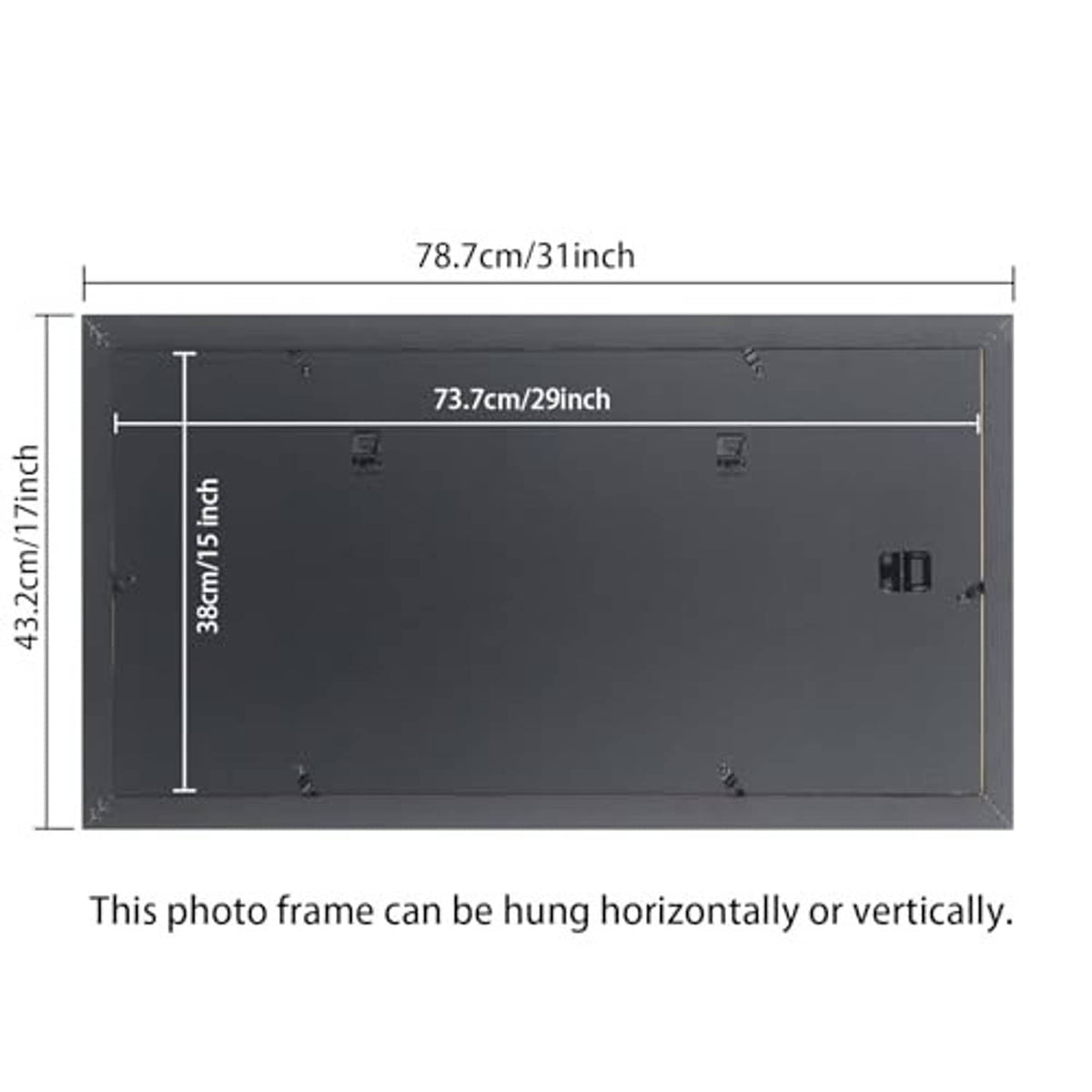Black frame back panel with mounting points for horizontal or vertical hanging