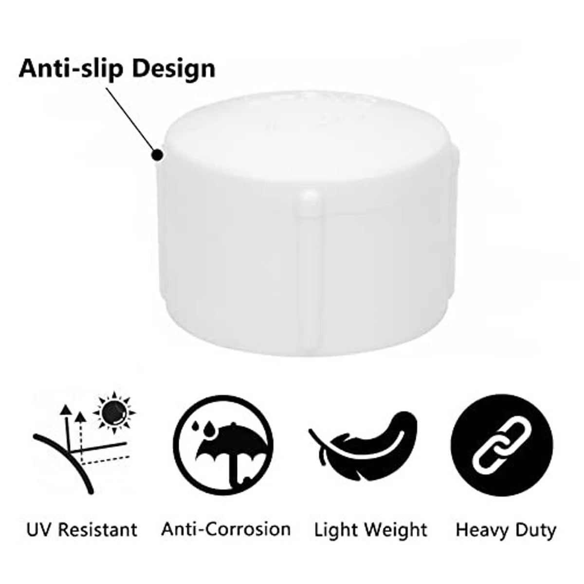 White PVC pipe end cap with anti-slip top ridges and female threaded opening