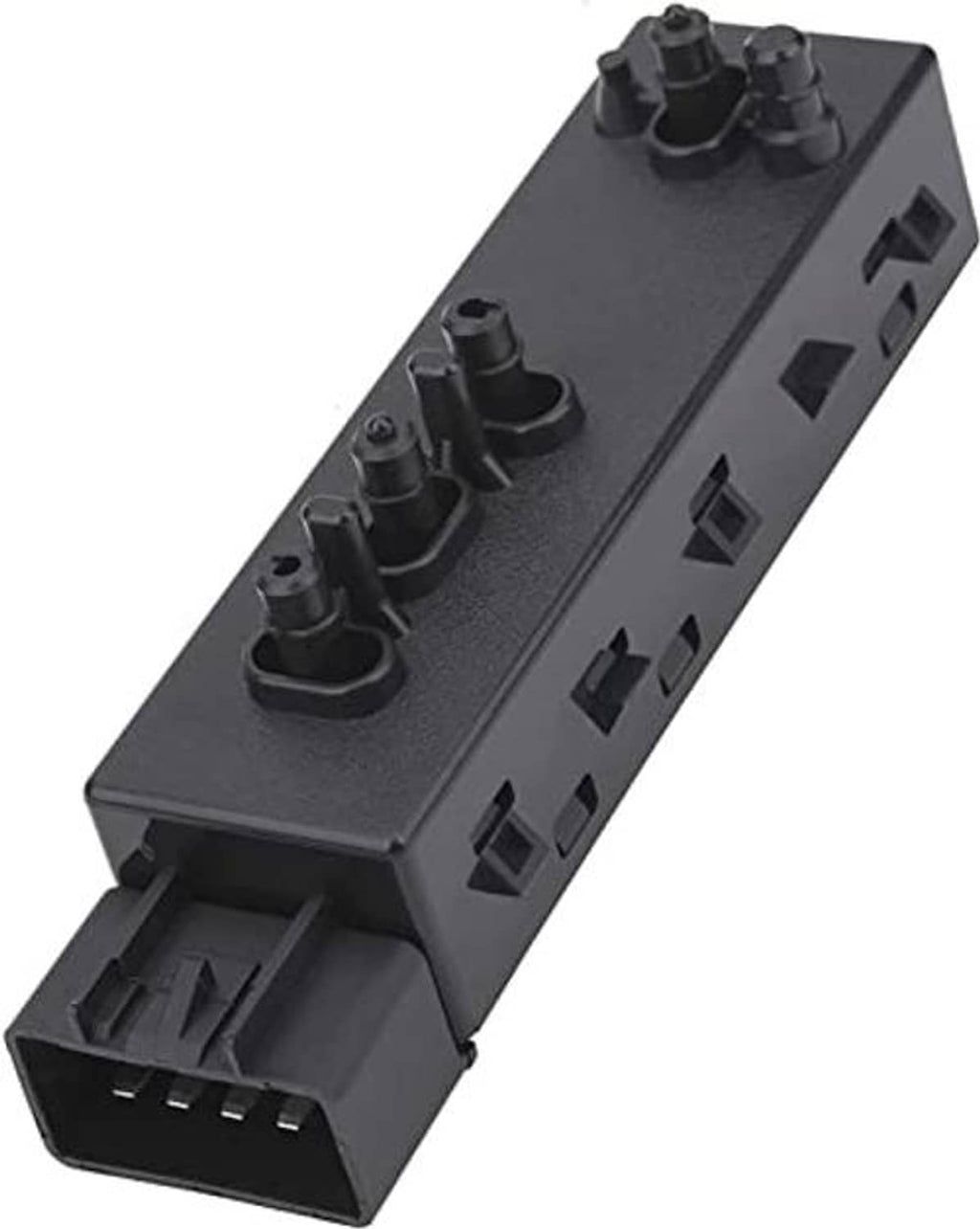 Power seat switch control module with front connector housing and side terminal openings
