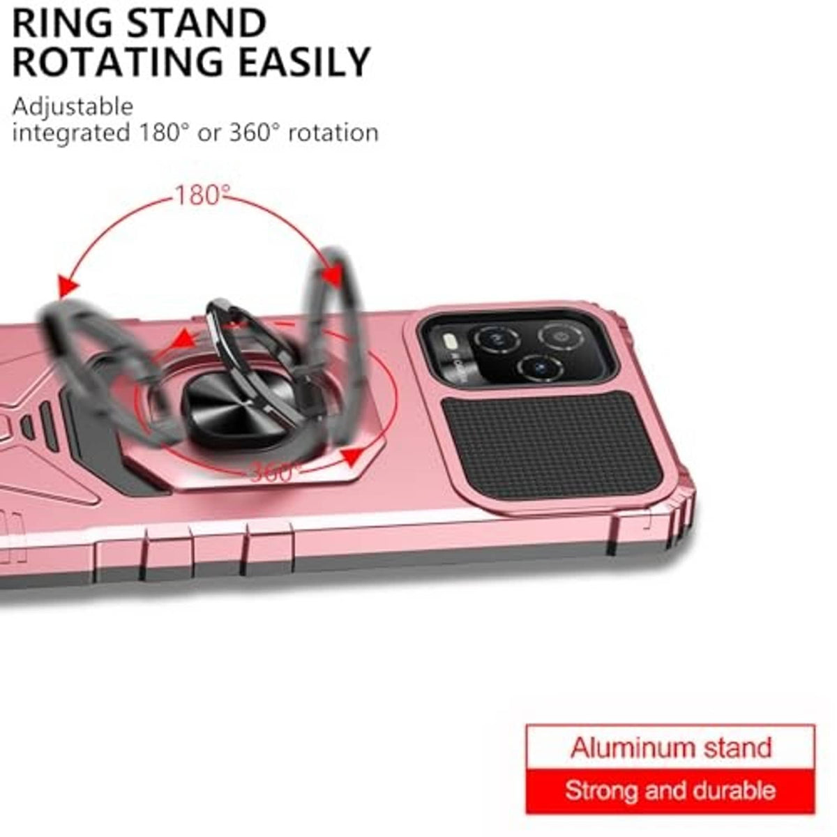 Rose gold rugged phone case with rotating ring stand for adjustable viewing angles