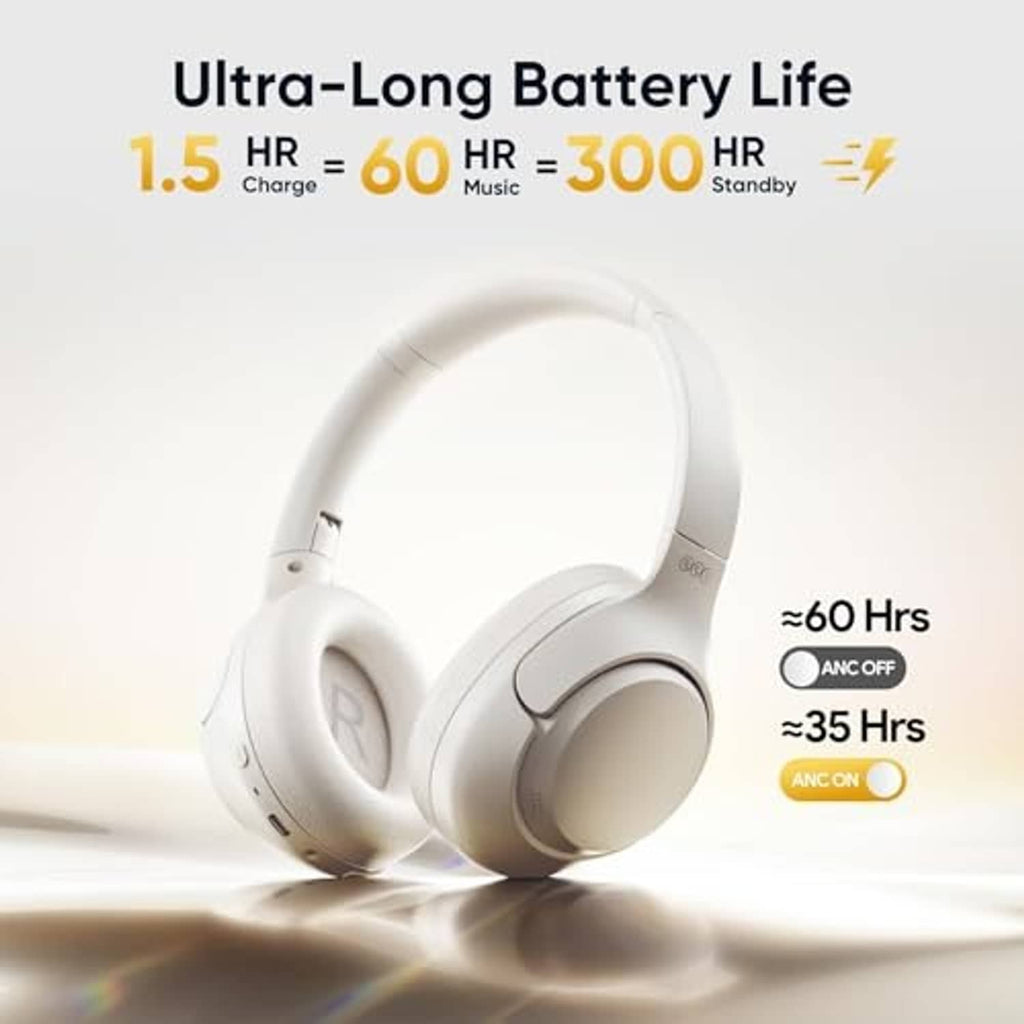 White over-ear Bluetooth headphones in side profile with padded headband.