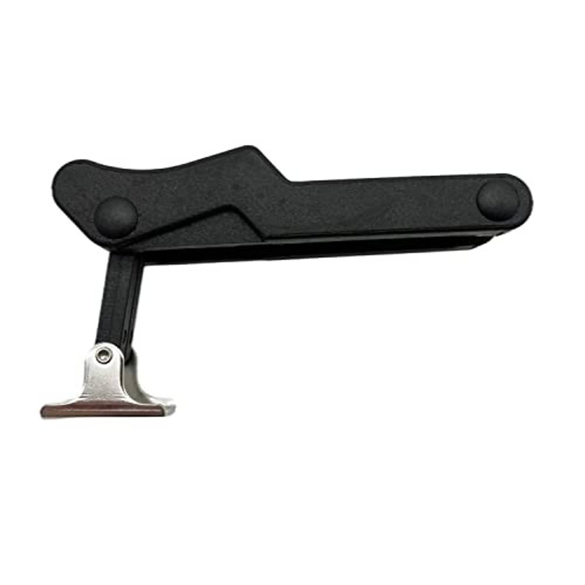 Black rubber latch with extended metal clip base for storage rack attachment