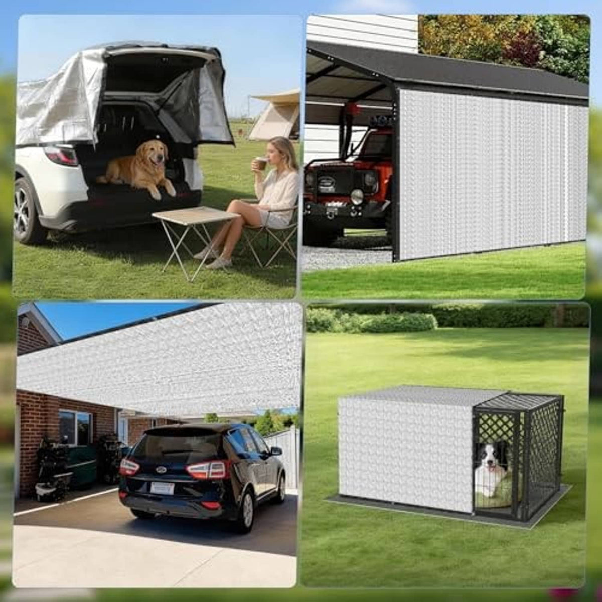Aluminet shade cloth panels covering vehicles and outdoor structures in a garden setting