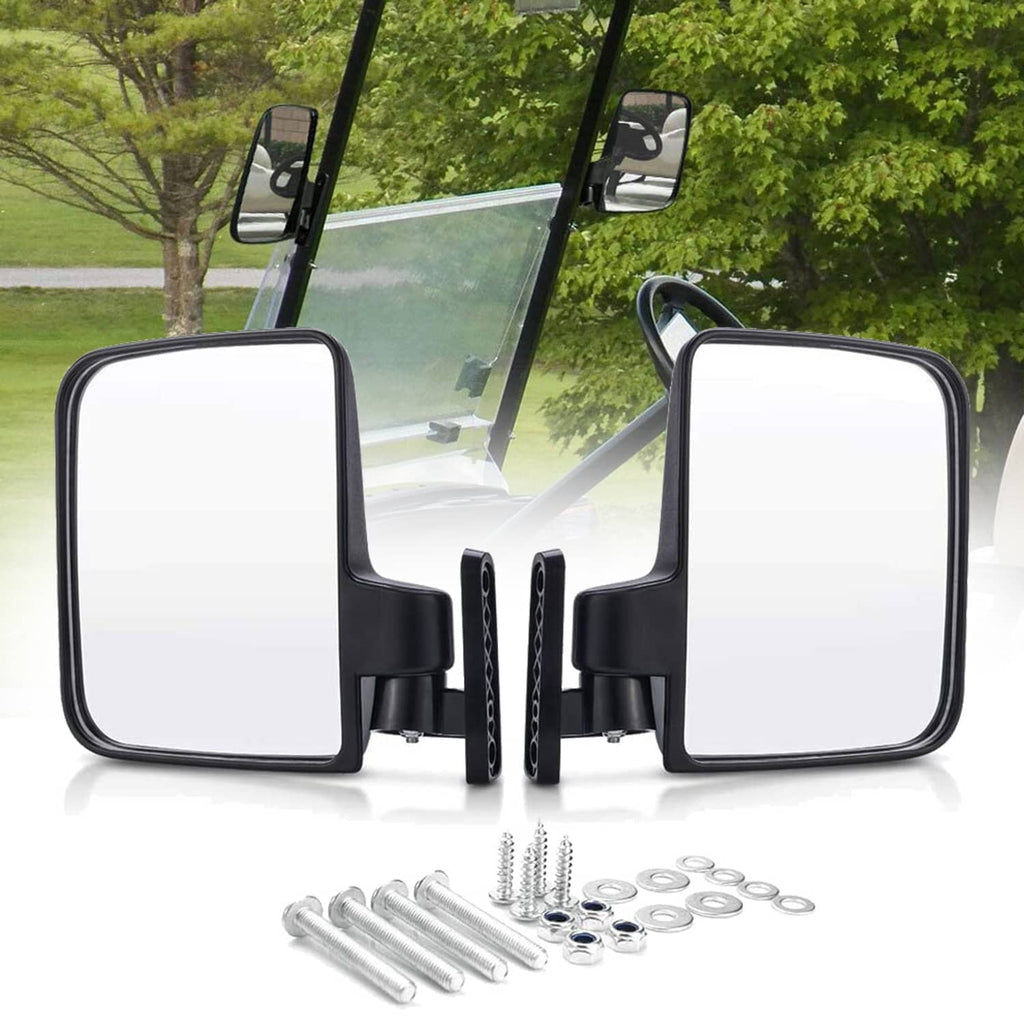 Two large black side mirrors with brackets and included mounting screws