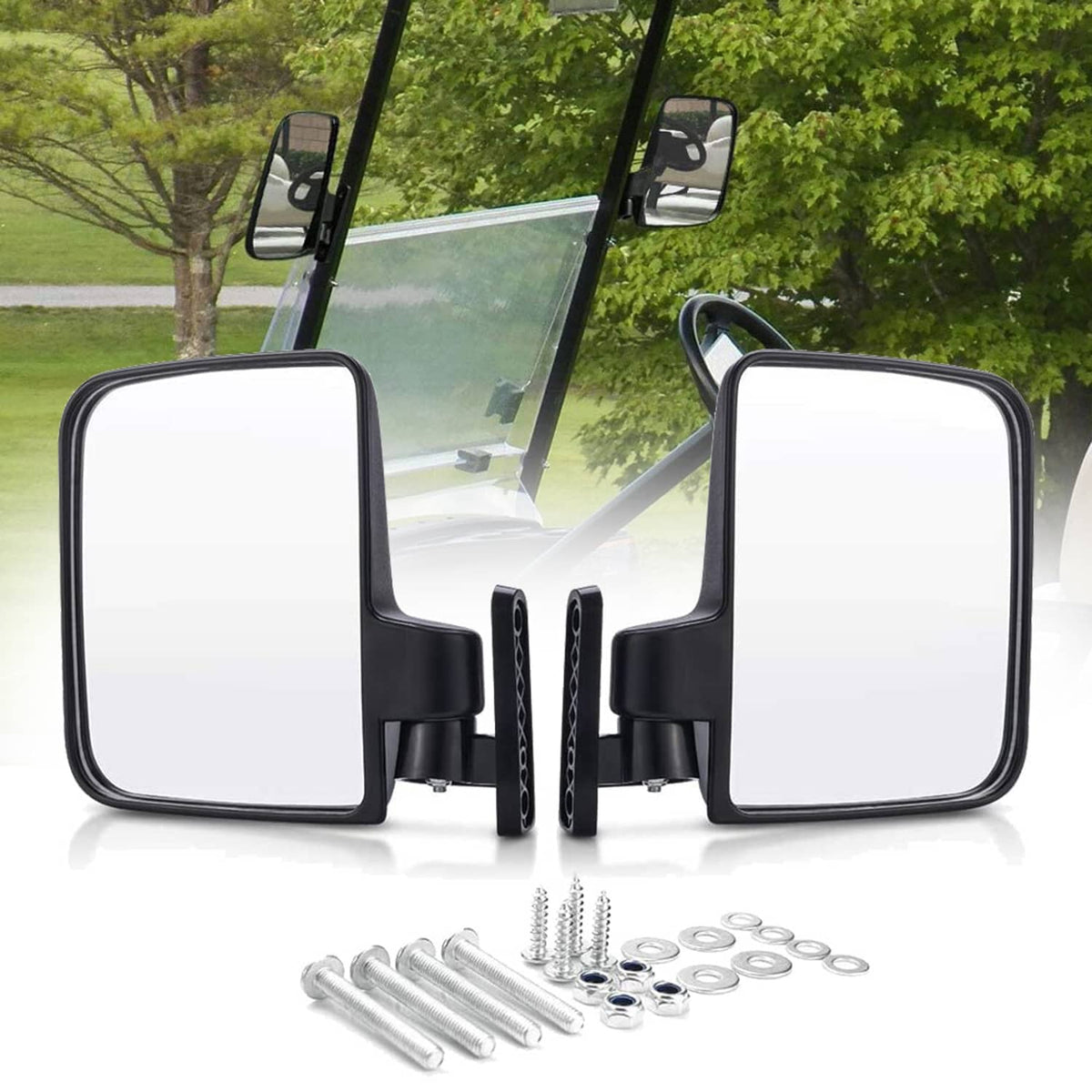 Two large black side mirrors with brackets and included mounting screws