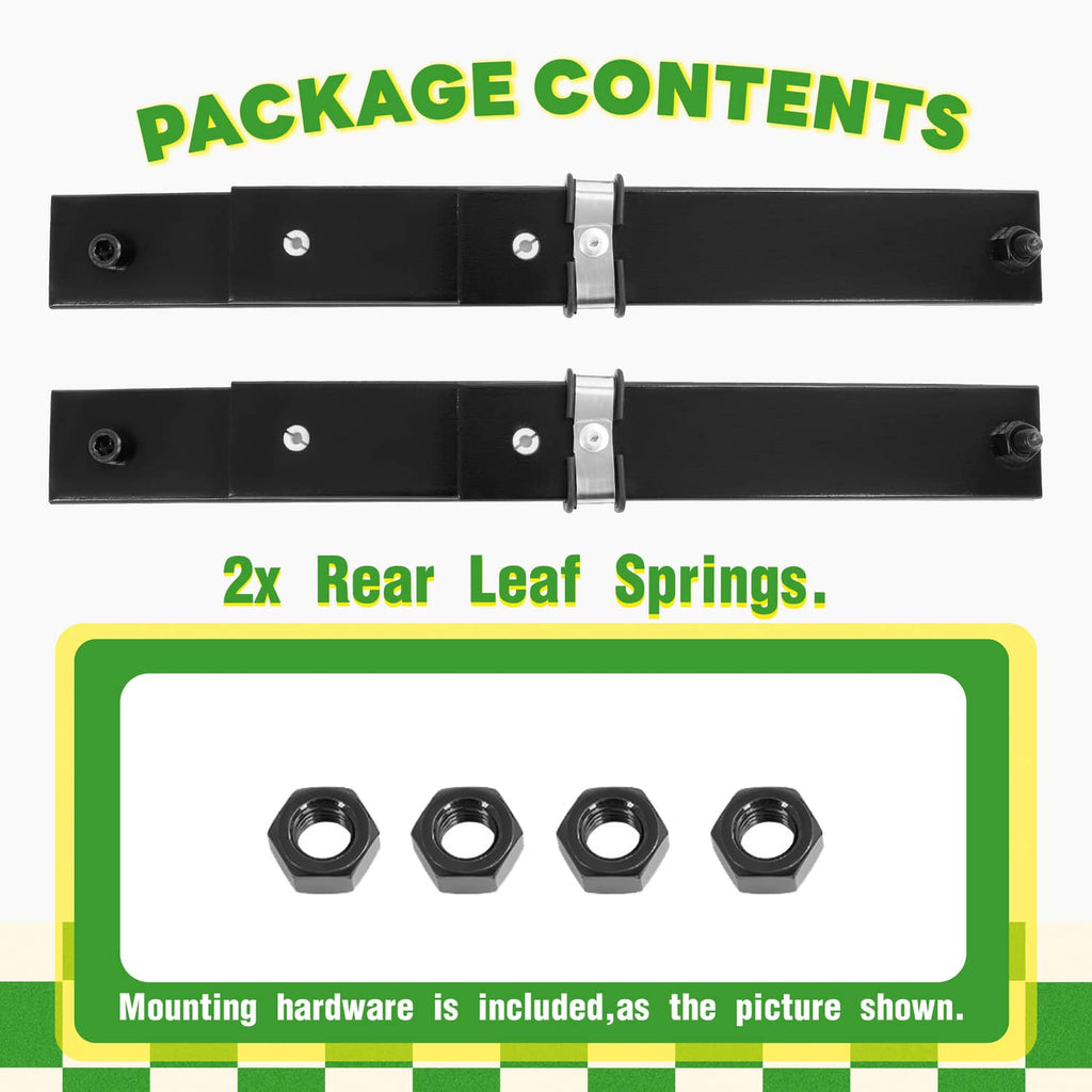 Two black leaf springs with included mounting hardware nuts in a package layout