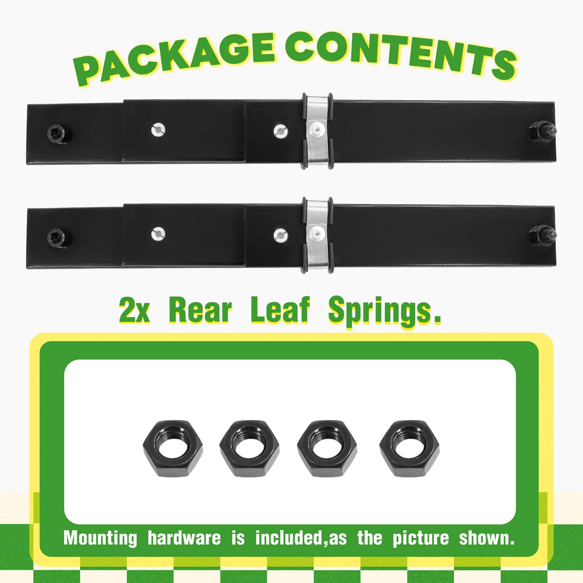 Two black leaf springs with included mounting hardware nuts in a package layout