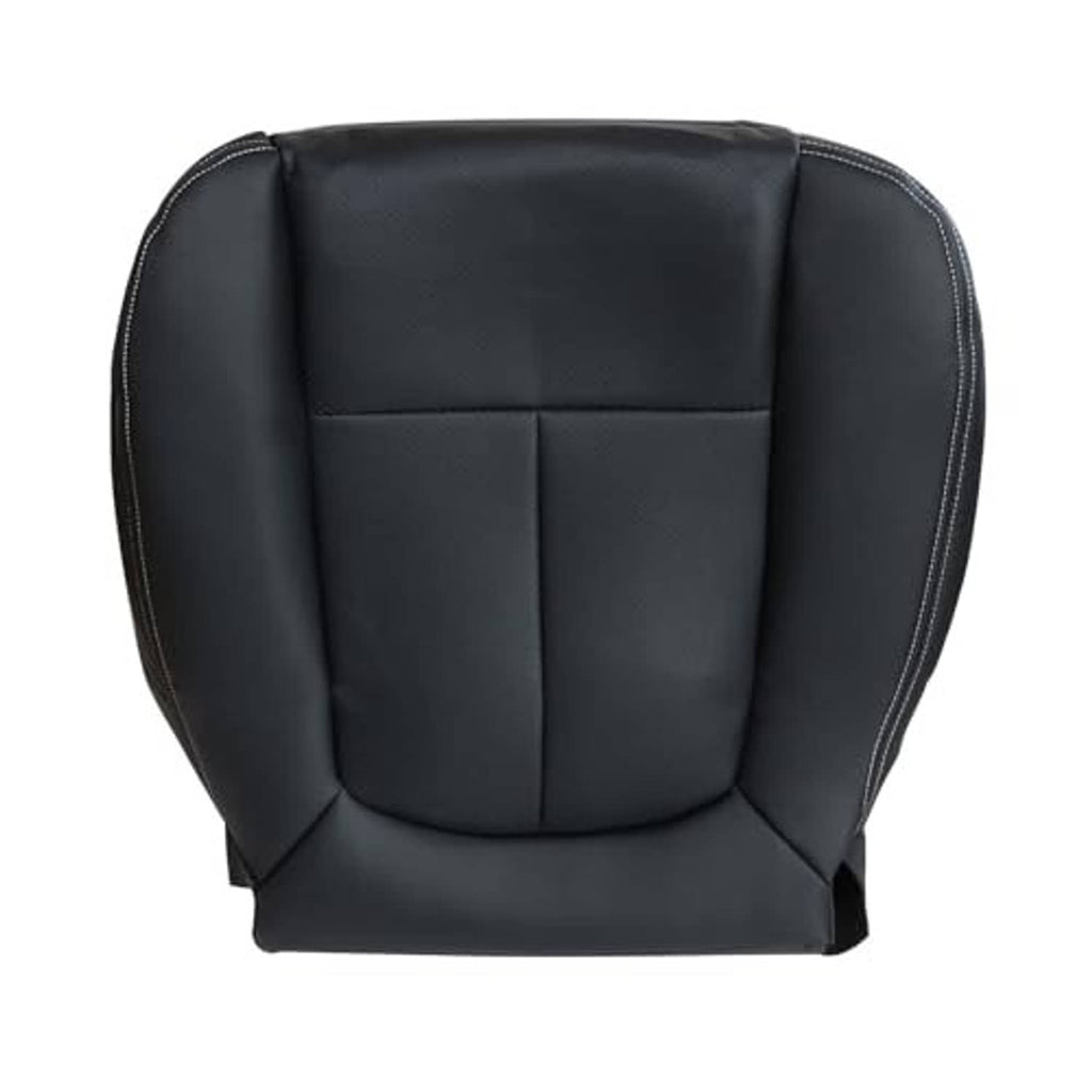 Black leather seat cover replacement with curved top and contrast edge stitching