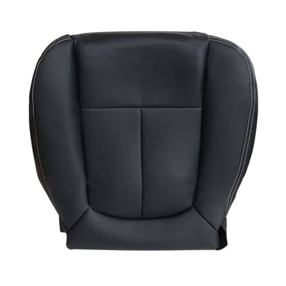 Black leather seat cover replacement with curved top and contrast edge stitching