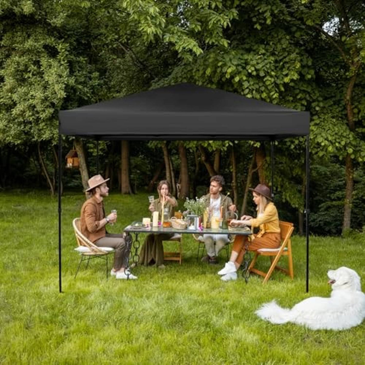 Black pop up tent canopy replacement top outdoors over a backyard dining setup