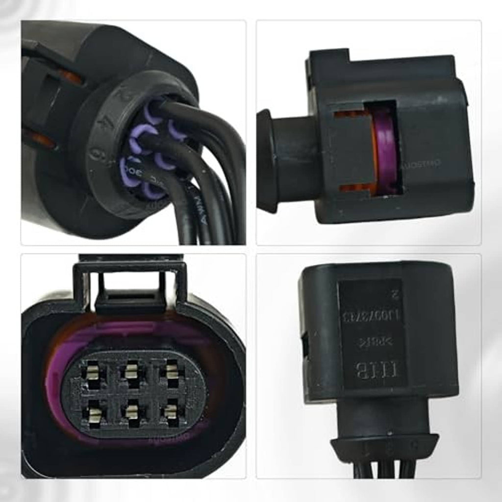 6-pin connector pigtail showing front contact face and black housing with purple insert.