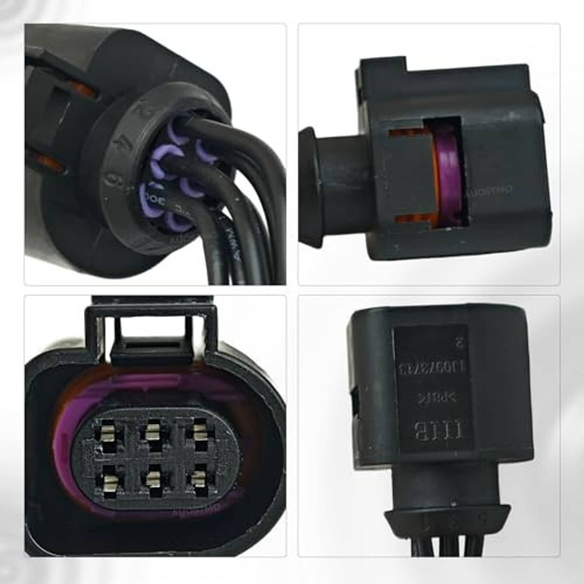 6-pin connector pigtail showing front contact face and black housing with purple insert.