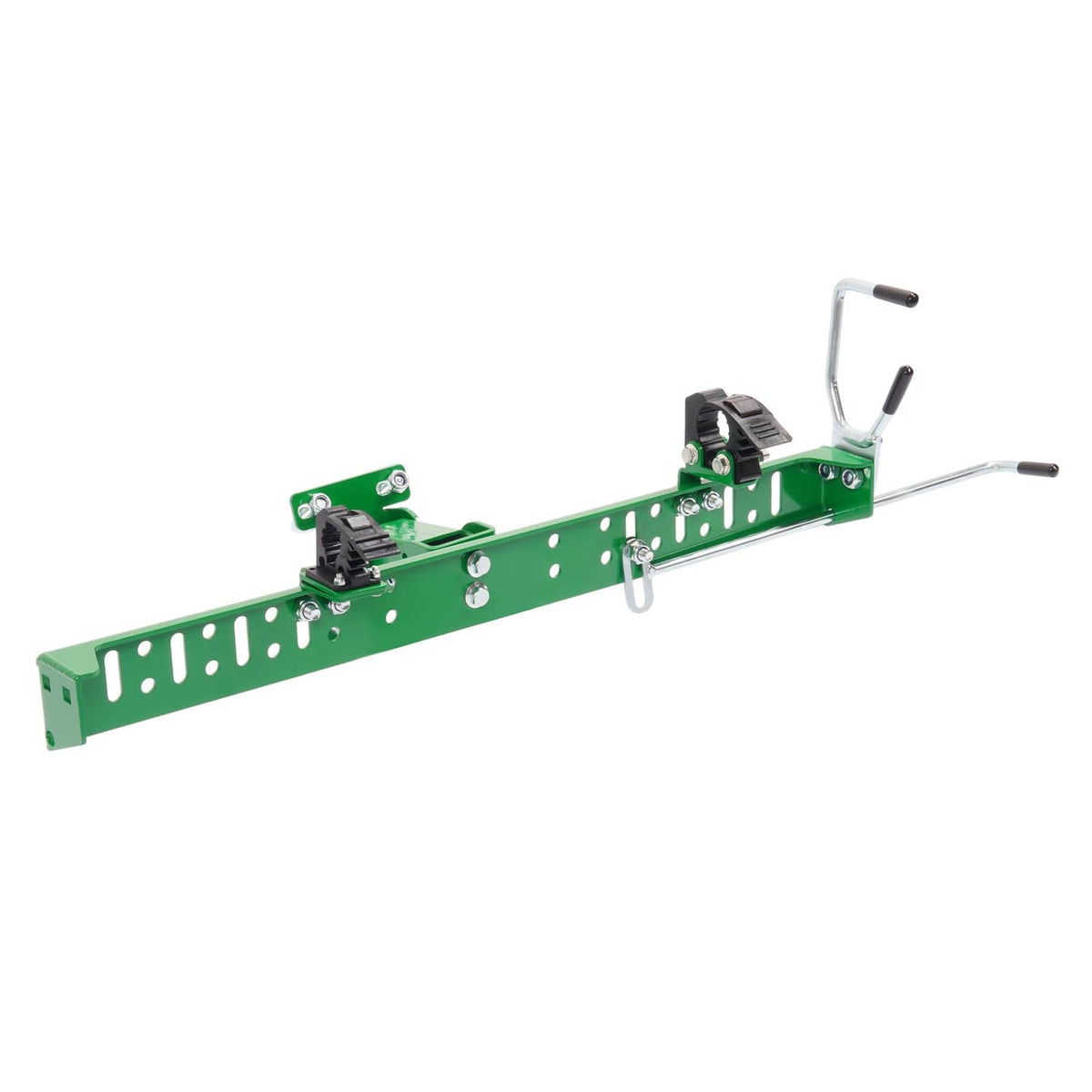 Green roll bar trimmer rack holder bar with black locking brackets and steel handles