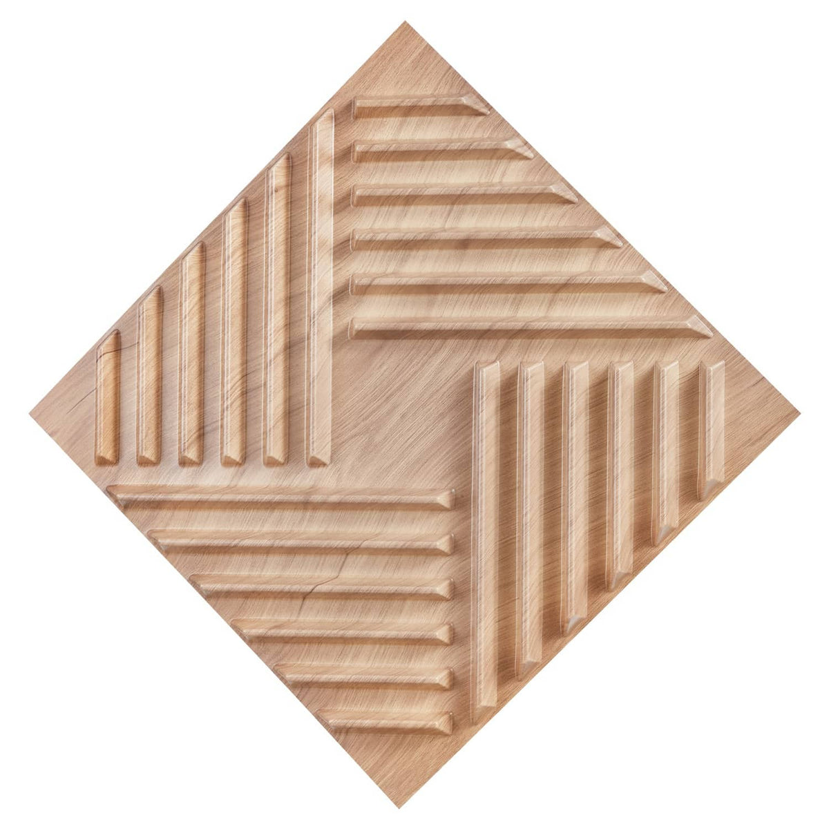 Light wood 3D slat PVC wall panel sample with raised geometric grooves.
