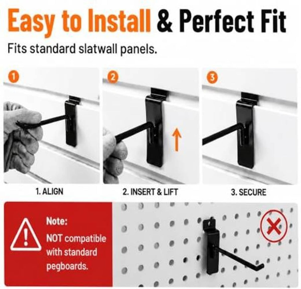 Black slatwall hook mounted on a panel, showing alignment and securing steps
