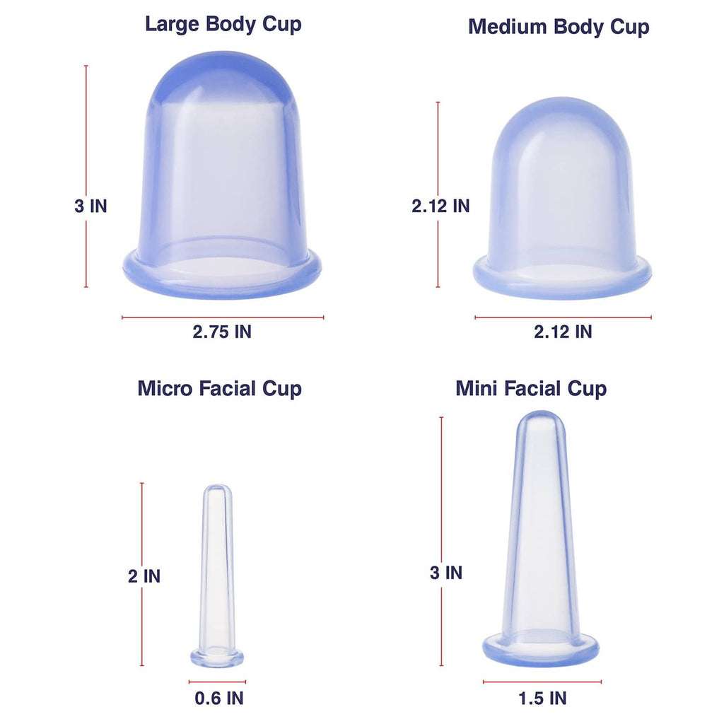 Silicone cupping cups in large, medium, micro, and mini sizes with clear tubes