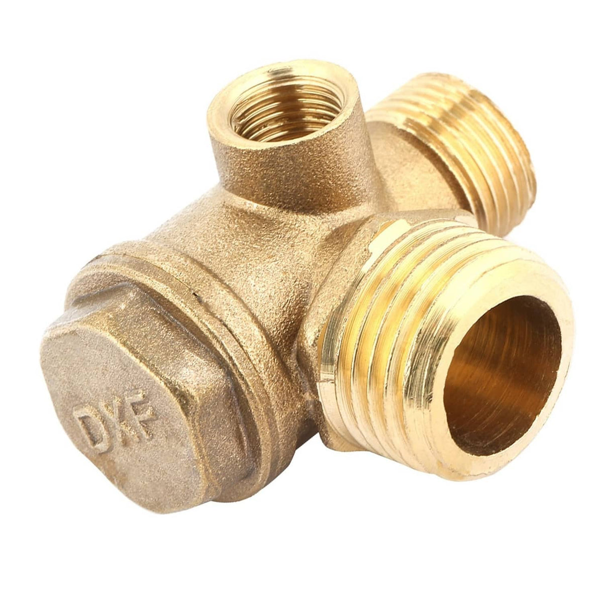 Brass air compressor check valve with threaded ports and DR marking on the body