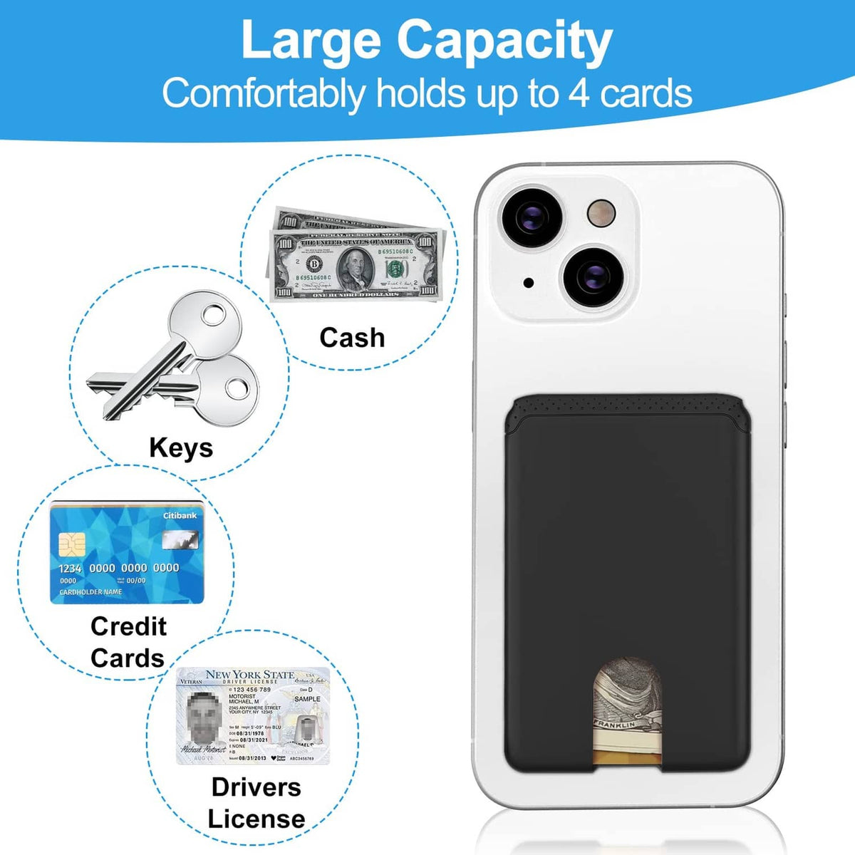 Black adhesive phone wallet card holder for up to 4 cards