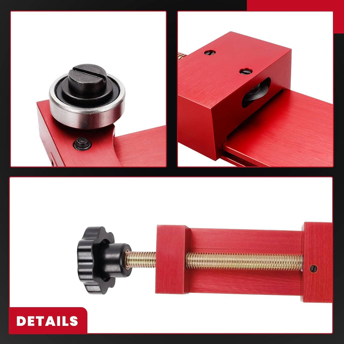 Oil filter cutter tool close-up: rollers, black knob, and red blade housing