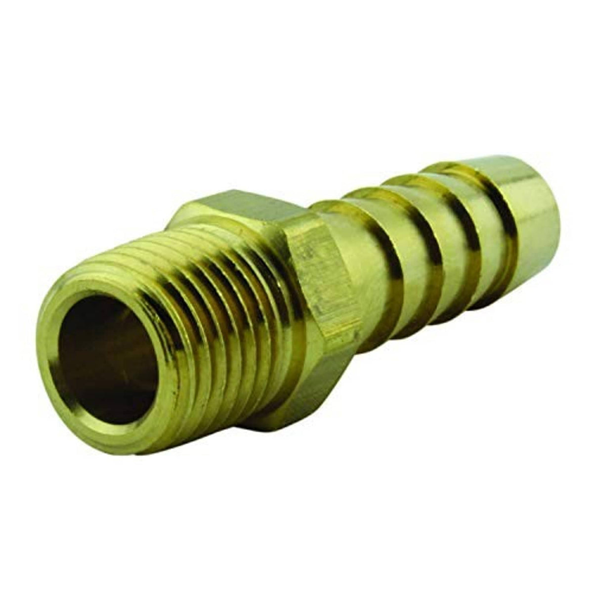 Olive brass hose end fitting with barbed hose port and external threads, 1/4" MNPT x 3/8"
