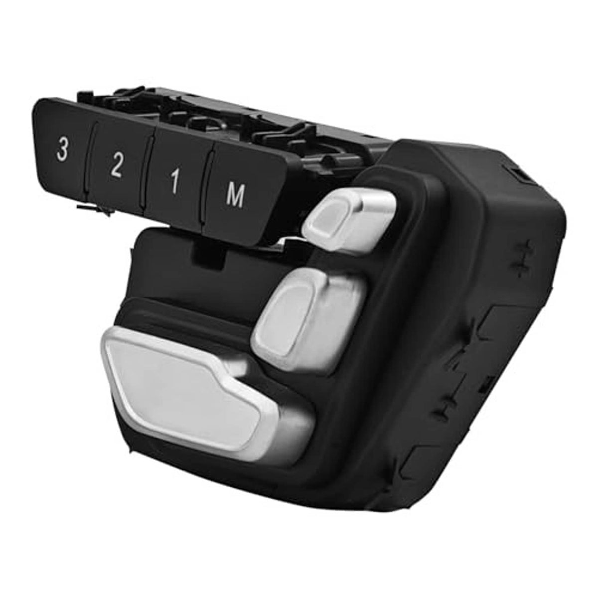 Seat adjustment switch angled view showing black housing and silver/white buttons