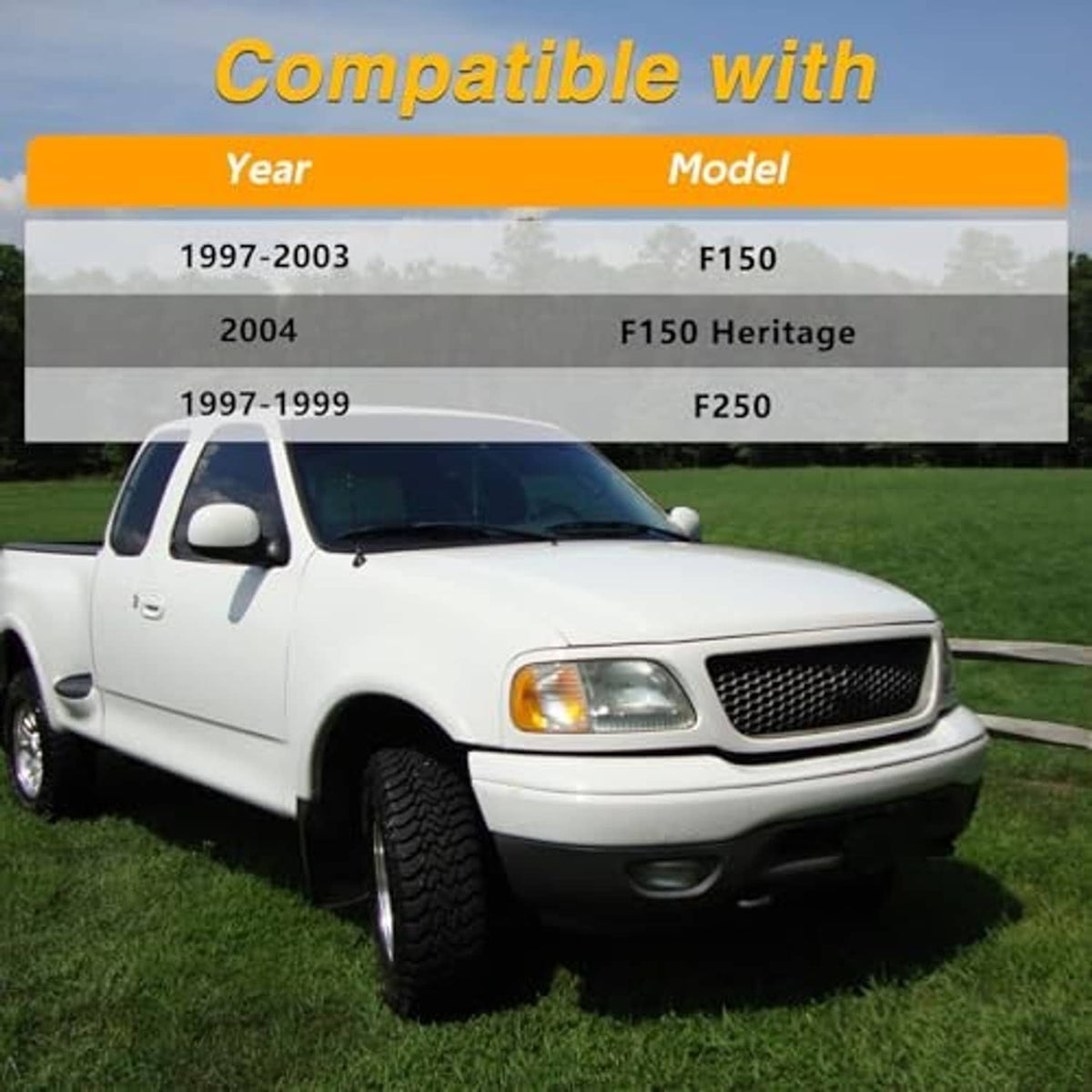 Rear door latch cable compatibility illustration with white pickup and model-year table
