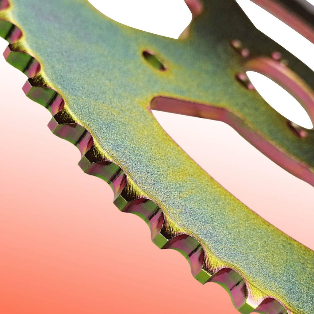 Close-up of rainbow-coated sprocket teeth on a 60T rear chain sprocket