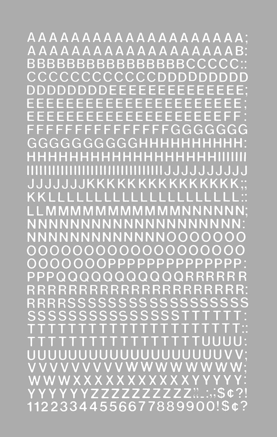 White self-adhesive vinyl capital letters, numbers, and punctuation set on sheet