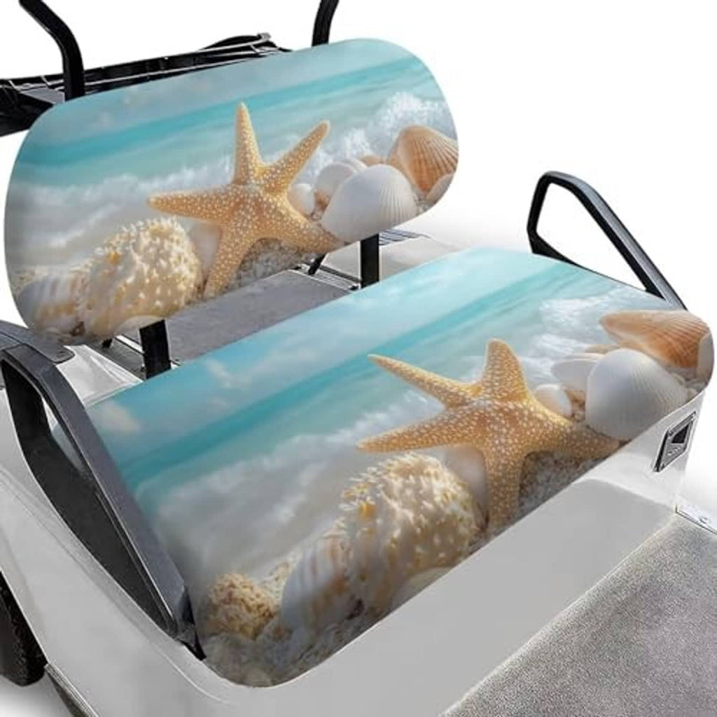 Two-piece bench seat covers with blue ocean starfish and seashell print for a golf cart
