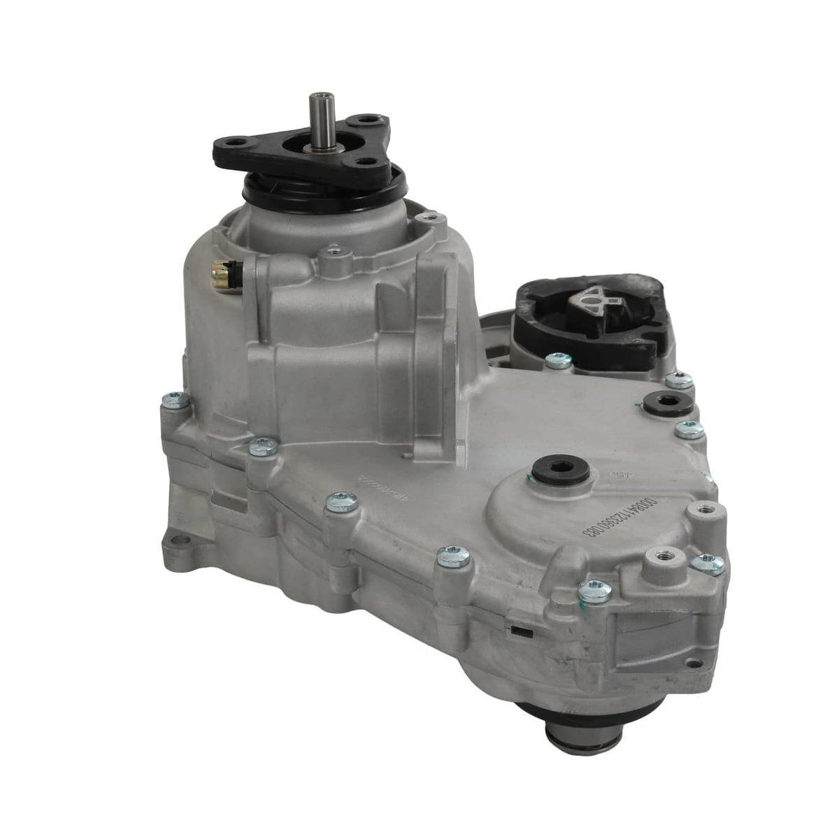 Transfer case assembly with grey cast housing and black rubber-shaft end