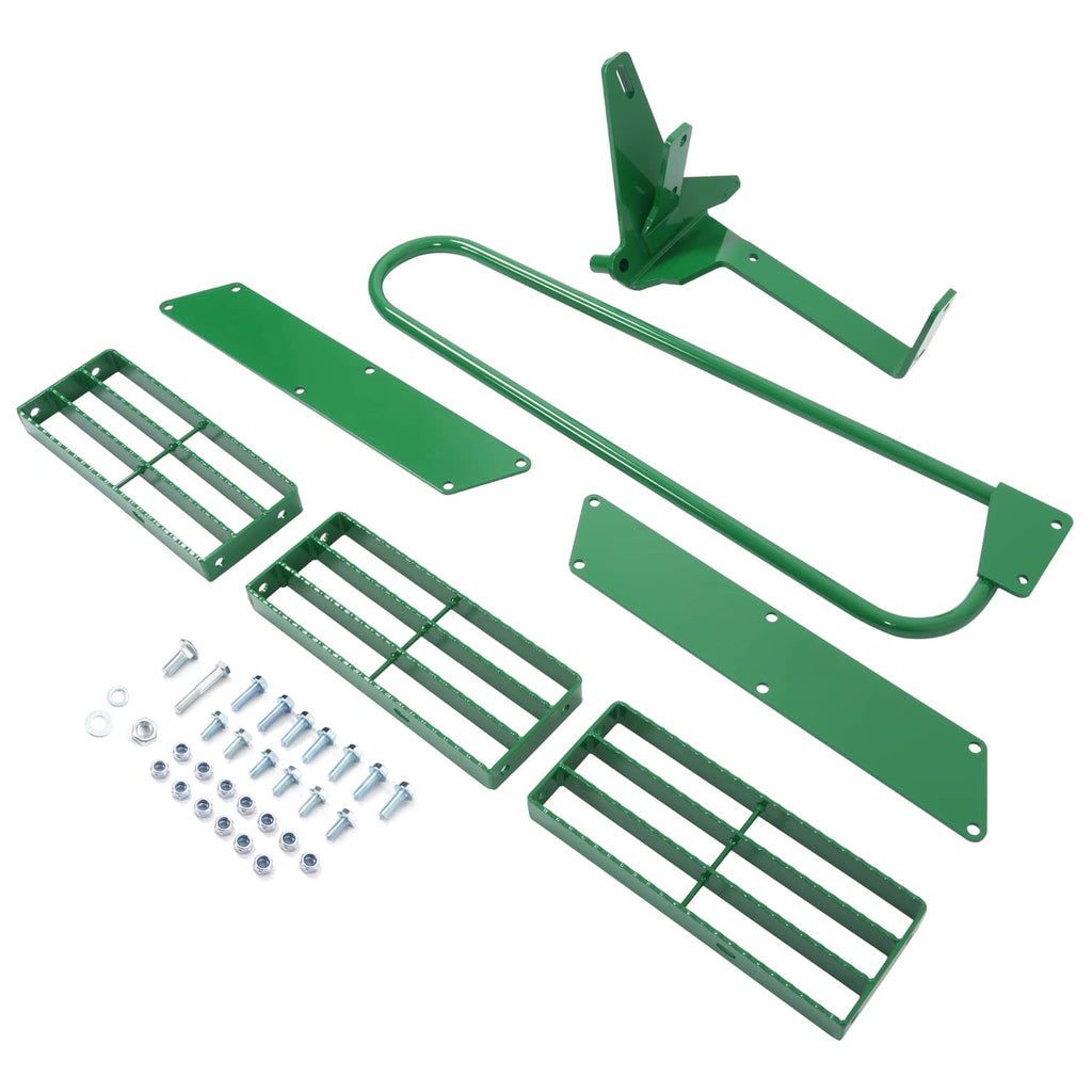 Tractor step extension kit parts: green rails, slats, mounting plates, and bolts