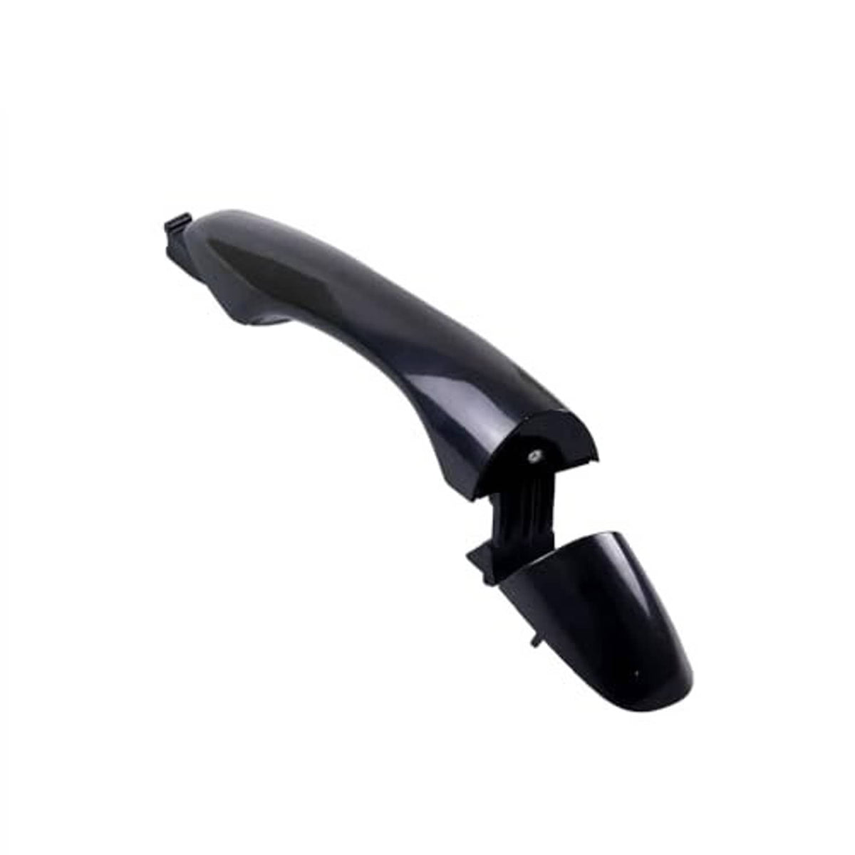 Black exterior door handle with curved grip and visible latch end