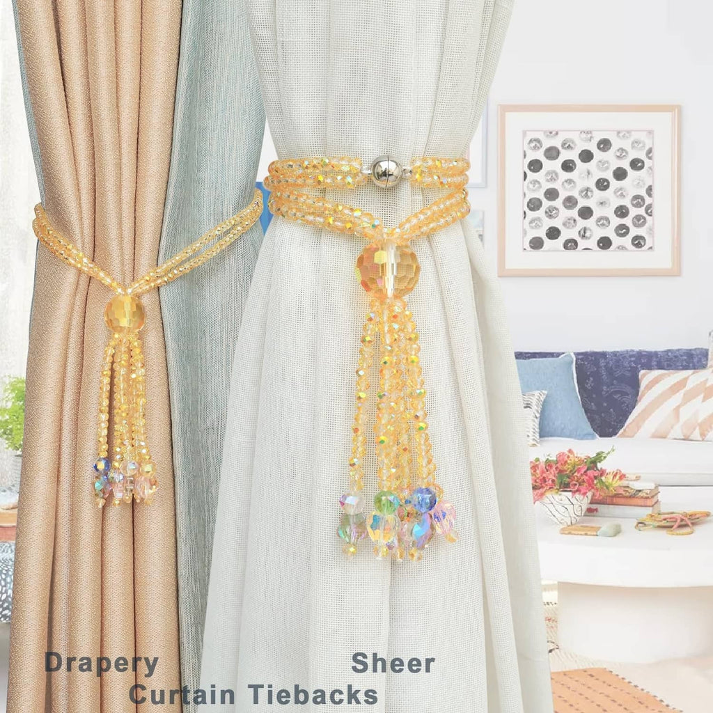 Beaded gold curtain tiebacks with crystal tassel charms for drapery