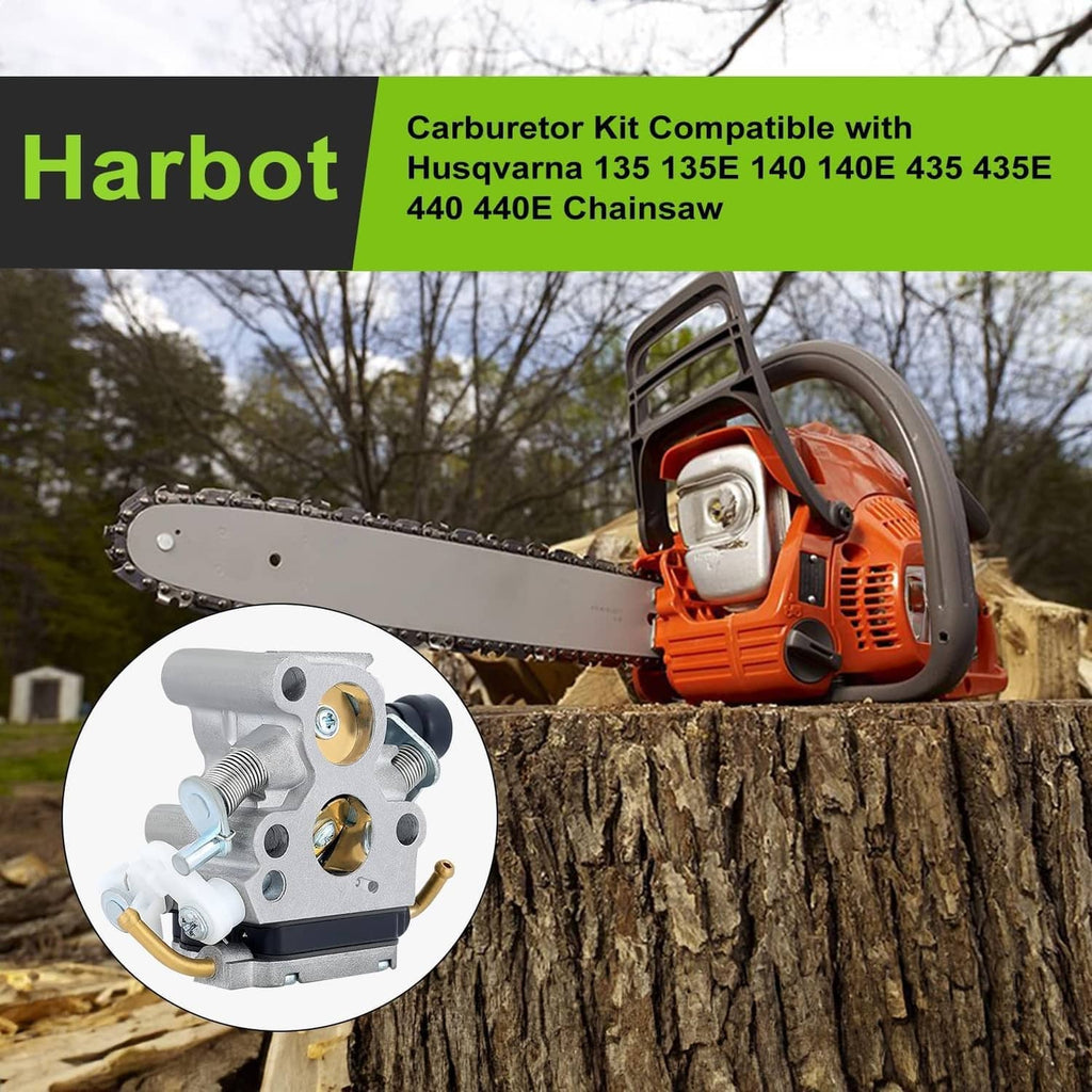 Carburetor kit on orange chainsaw with close-up insert of silver carburetor housing