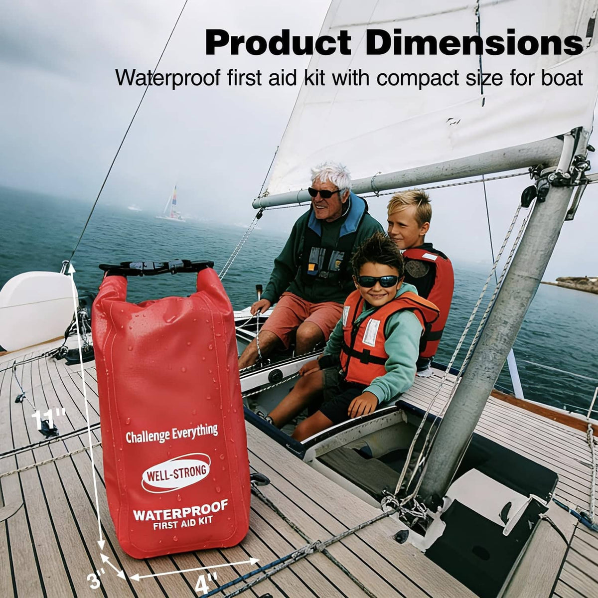 Red waterproof first aid kit roll-top bag, compact size for boating