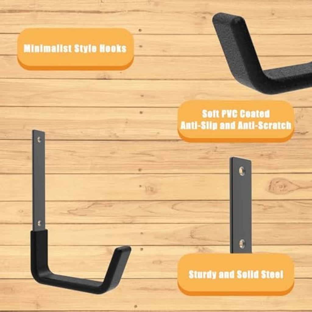 Black PVC-coated U-hook set with steel mounting plates for wall mounting