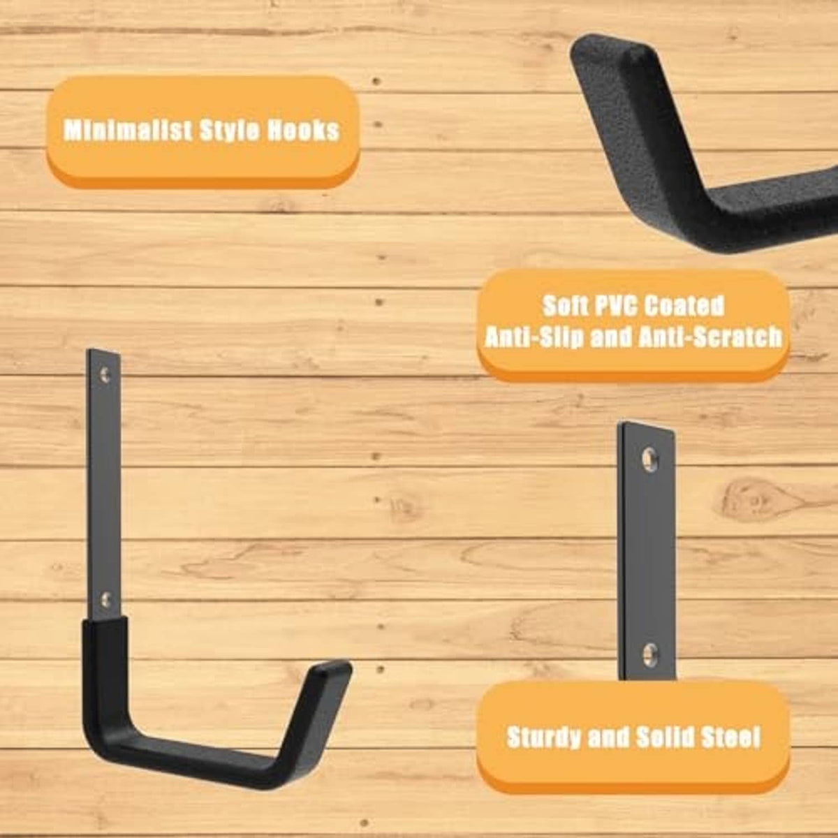Black PVC-coated U-hook set with steel mounting plates for wall mounting