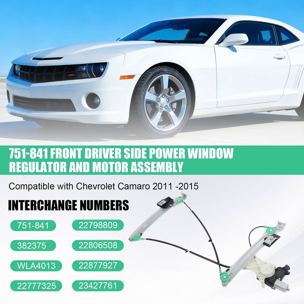 Power window regulator and motor assembly with rails and white gear motor housing