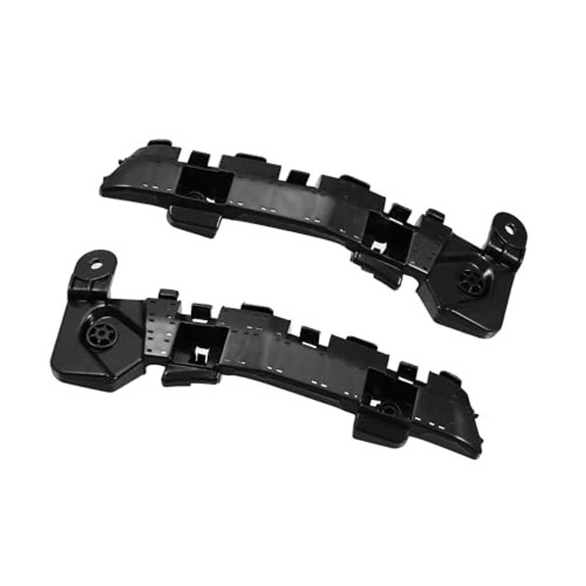 Front bumper mounting support bracket pair, black brackets with circular mounting points