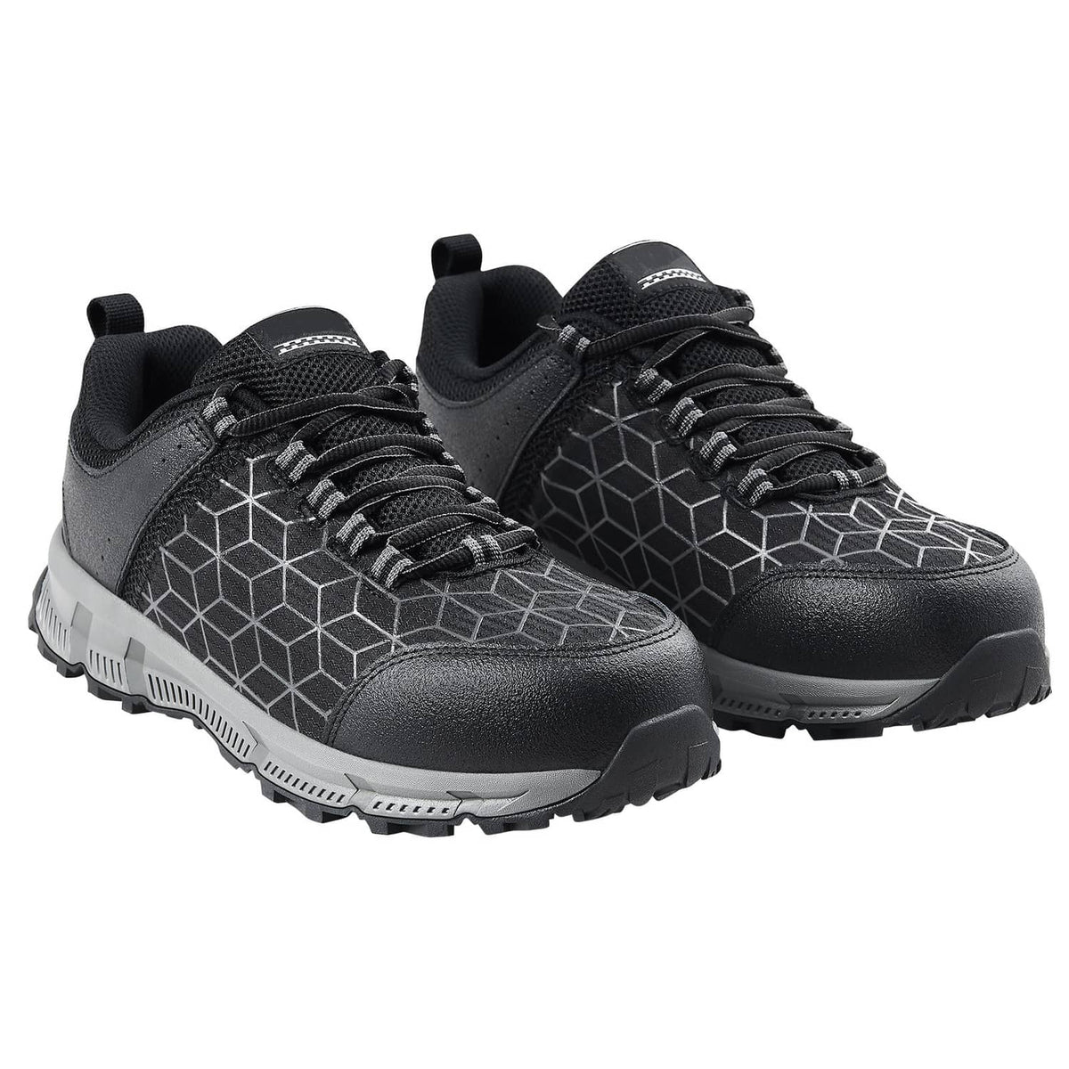 Pair of black lace-up work sneakers with geometric upper and chunky rubber sole