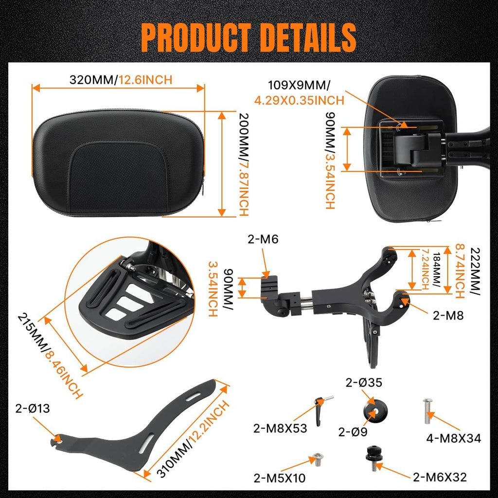 Backrest and sissy bar rack product detail diagram with mounting points and dimensions