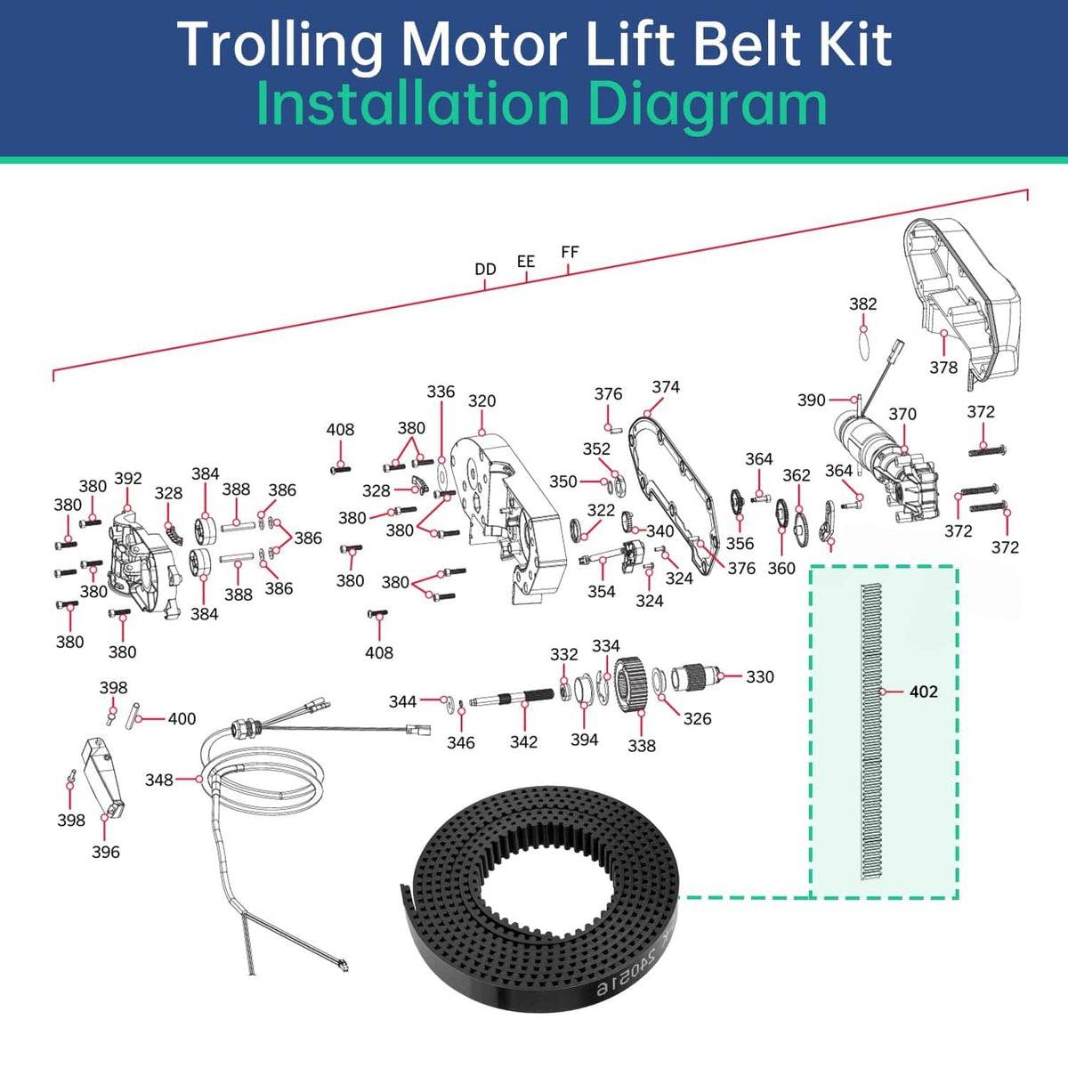 Black perforated trolling motor lift belt with installation diagram layout