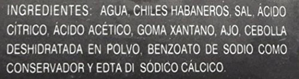 Ingredients text panel for habanero chile sauce on bottle label