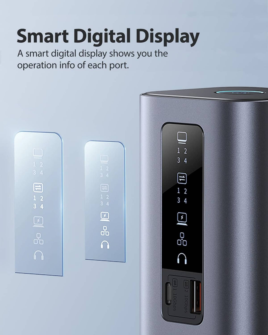 Space grey docking station with smart digital display showing port icons