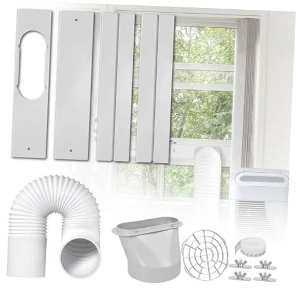 Portable air conditioner window kit with adjustable seal panels, white vent hose, and adapter